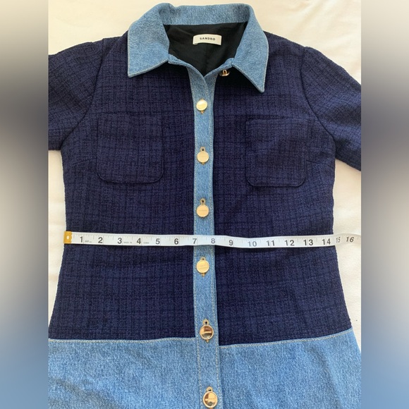 NWT Sandro Brooke Mixed Media Shirt Dress Size US 2 / FR 34 Blue Tweed and Denim - Picture 11 of 16